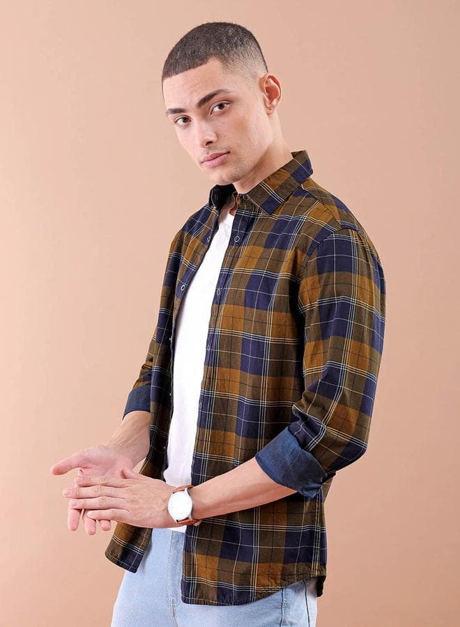 Men Mustard Checked Casual Shirt