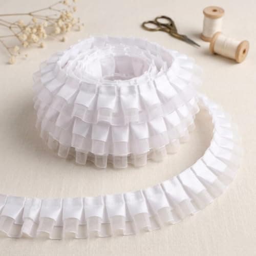 IDONGCAI Ruffle Trim 2Layer Satin Organza Pleated Edging Trimmings 4cmx6yd Lace Ribbon for Crafts Embellishment White