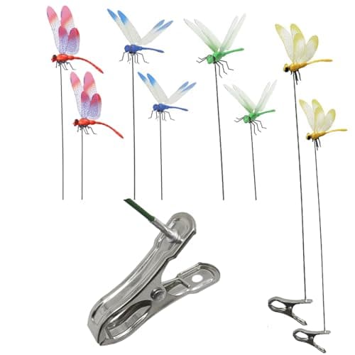 QUJIFETU 8PCs Fake Dragonfly Clips Outdoor Simulation Dragonfly Clip Natural Organic Concept Insert Pole Clip Gardening Decoration Insert Plaque Patio Garden Decoration
