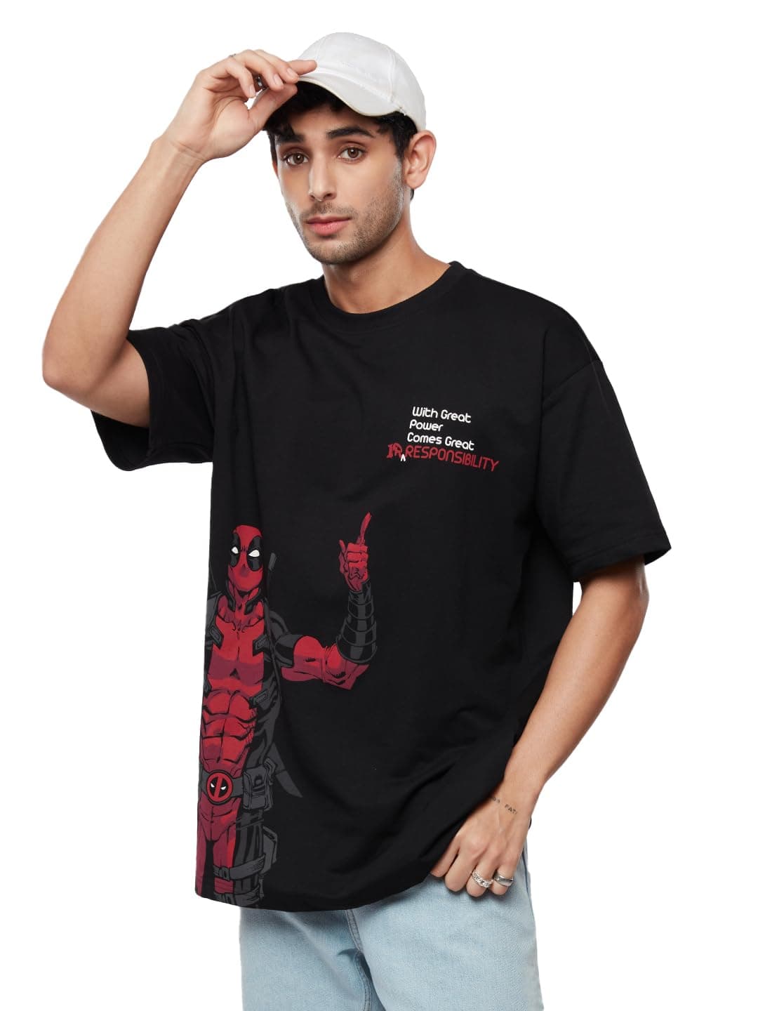 The Souled Store Official Deadpool: Great Irresponsibility Men and Boys Oversized fit Graphic Half Sleeve Cotton Black Color Oversized T-Shirts