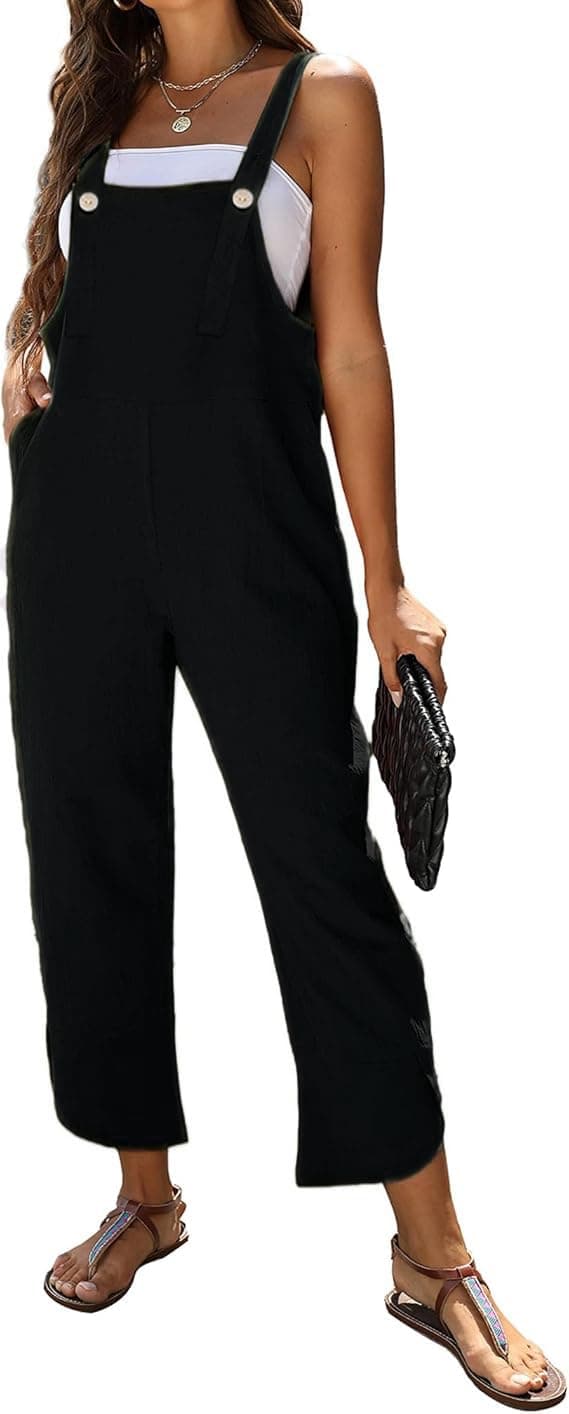 AMEBELLE Women's Sleeveless Cotton Linen Overalls Rompers Baggy Wide Leg Jumpsuits(1450-Black-L)