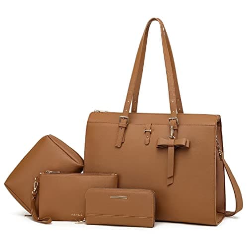 Keyli Laptop Bag for Women Large Tote Bag Waterproof PU Leather Laptop Briefcase with Built-in USB Charging Port Computer Shoulder Bags Messenger Fits 15.6 Inch, Business Handbag Purse 4pcs Set Brown