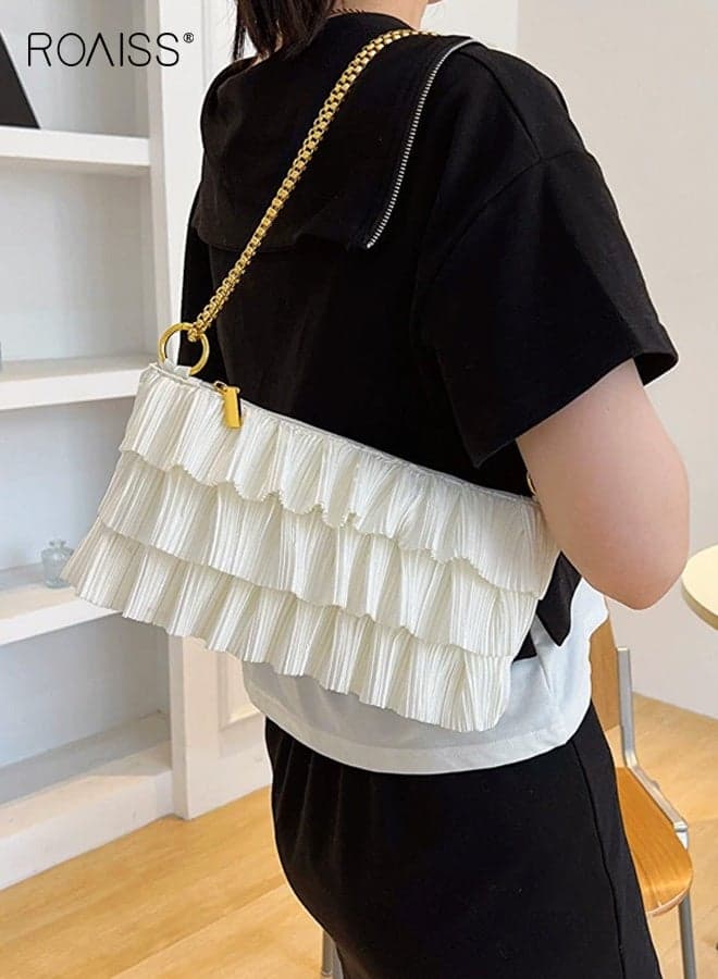 Women's Solid-Color Shoulder Bag, New White Pleated Fringe Bag with Gold Chain, Sweet Multi-Layer Pleated Crossbody Bag, Minimalist Polyester Zipper Underarm Bag