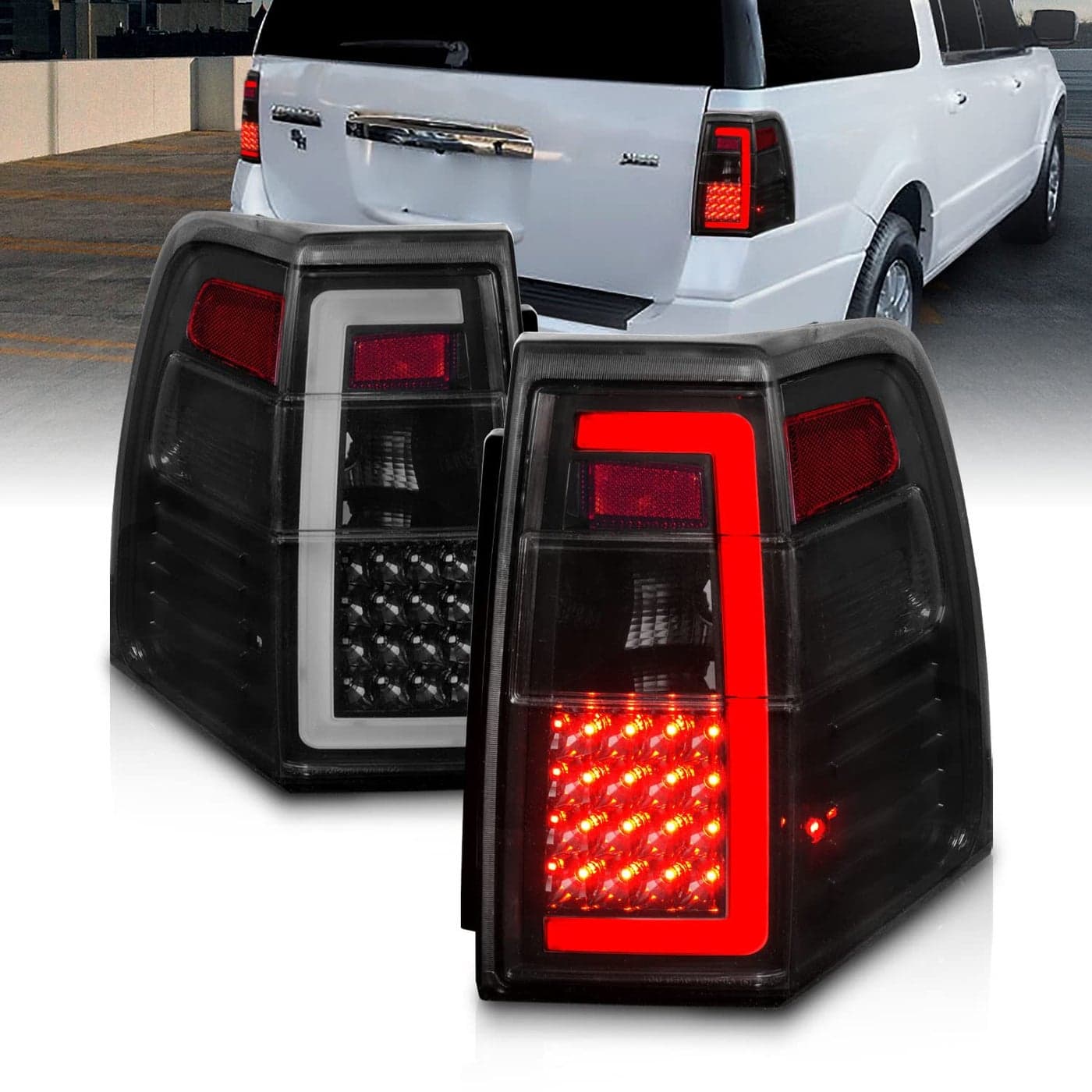 AmeriLite for 20072017 Ford Expedition Full LED CType Tube Sequential Siganl Smoke Black Replacement Tail Lights Set Passenger and Driver Side