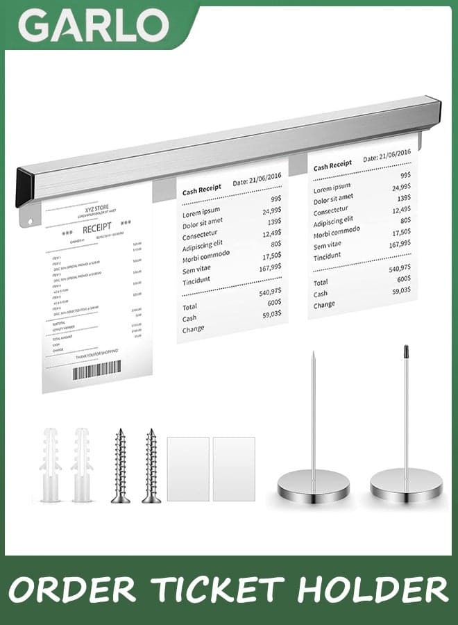 Aluminum Slide Check Rack with 2 Pcs Receipt Holder Spike Desk Receipt Holder Restaurant Ticket Holder Silver Ticket Rail Bill Orders Display Rail for Kitchen Office Cafes Bar Note Organizer