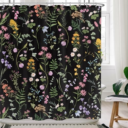 LIGHTINHOME Black Floral Shower Curtain 60Wx72H Inches Cute Dark Wildflower Rustic Flower Blossom Farmhouse Leaves Botanical Cloth Fabric Waterproof Polyester Bathroom Home Decor Set with Hooks