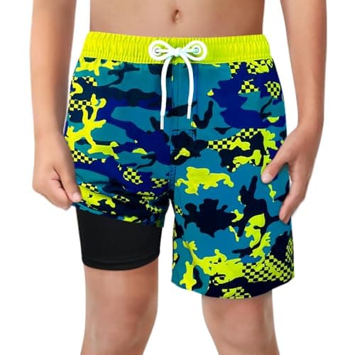 Boys Camo Swim Trunks with Boxer Brief Liner Anti Chafe No Mesh Swimming Shorts Compression Lined 4-Way Stretchy UPF Quick Dry Swimsuit Size 10-12