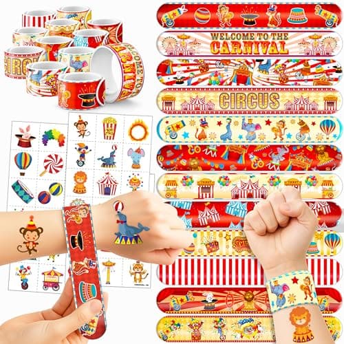 Cherisnowy 72PCS Carnival Party Set 48PCS Temporary Tattoos 24PCS Slap Bracelets Fun Circus Themed Birthday Supplies Baby Shower Gifts Classroom Rewards Party Decor for Kids Boys Girls