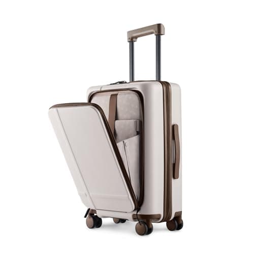 NINETYGO Carry On Luggage 22x14x9 Airline Approved, 20 Inch Suitcase with Front Compartment & Cup Holder, Coffee-Infused PC Hard Shell, Eco-Friendly, TSA Lock, 360° Spinner Wheels (Oats White)
