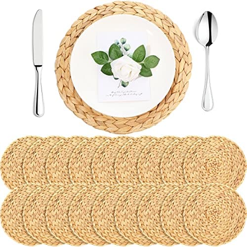 Gandeer 18 Pack Rattan Wicker Placemats Bulk Round Woven Charger Plates for Dinner Plates Straw Place Mats Water Hyacinth Braided Tablemats for Wedding Valentines Day Boho Kitchen138 Inch