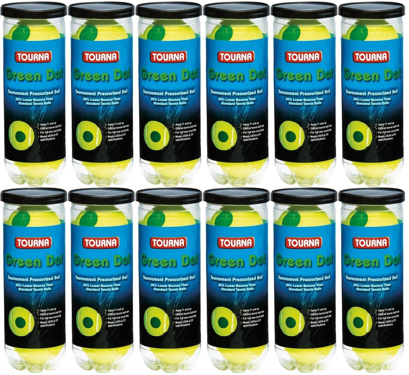 TOURNA 12 Pack Pressurized Green Dot Tennis Balls in a Pressurized Can, USTA Approved