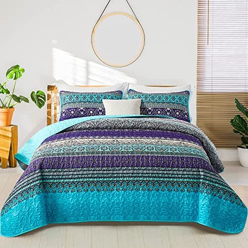 WONGS BEDDING Boho Quilt Set California King Blue Purple Bohemian Striped Pattern Printed Quilt Coverlet Lightweight Microfiber Bed Decor Bedspread for All Season 106x963 Pieces Cal King