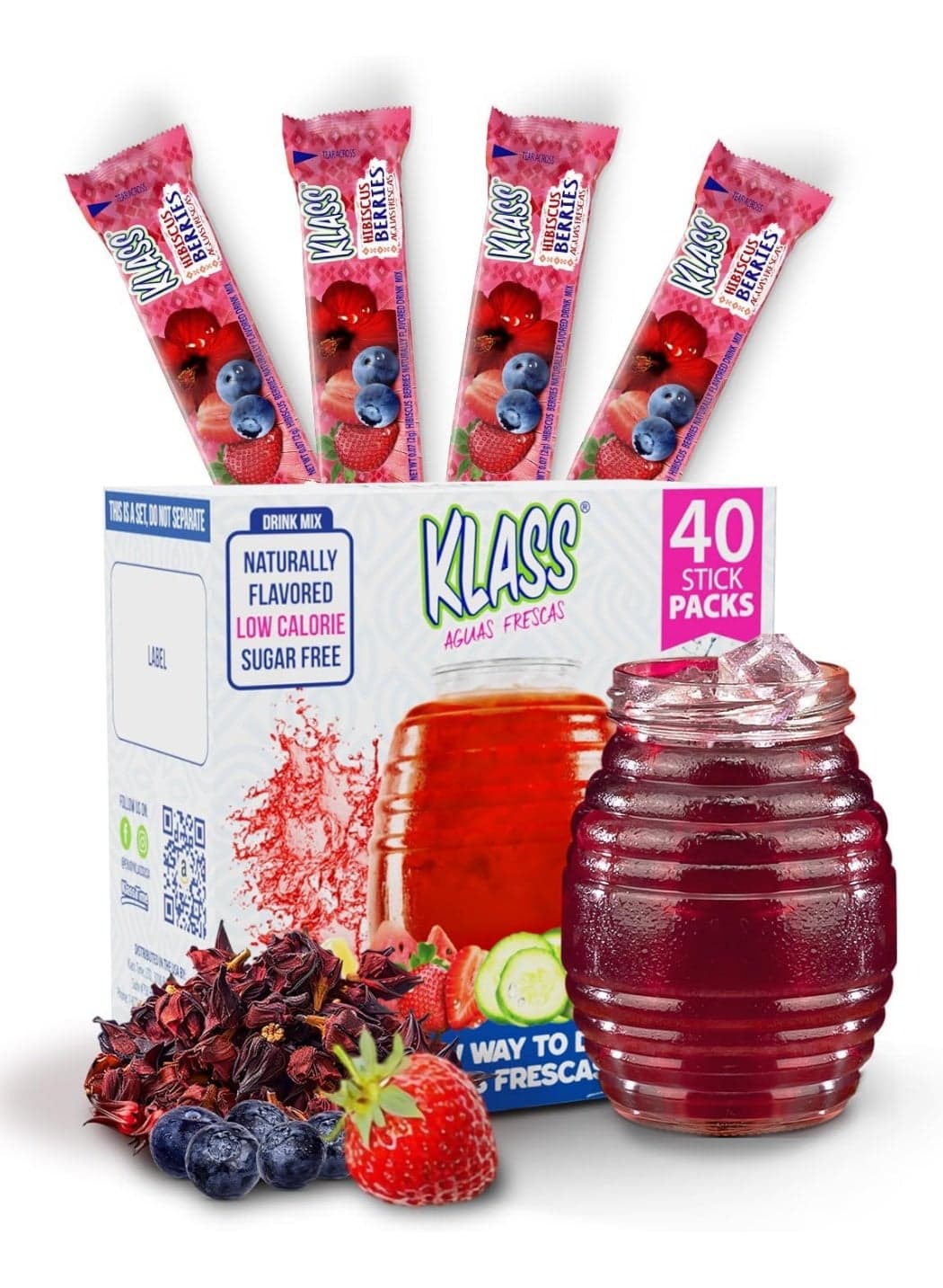 Klass Aguas Frescas Hibiscus Berries, 10 On-The-Go Packets (Pack of 4)
