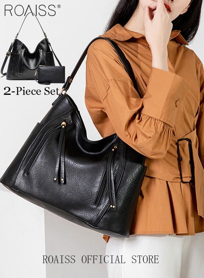 Women's Large Shopper Tote Crossbody Bags Ladies Shoulder Handbags Purse 2-Piece Set for Women Hobo Totes PU Leather Purses and Handbags Shoulder Bag Austabdjle Waterproof Daypack Black