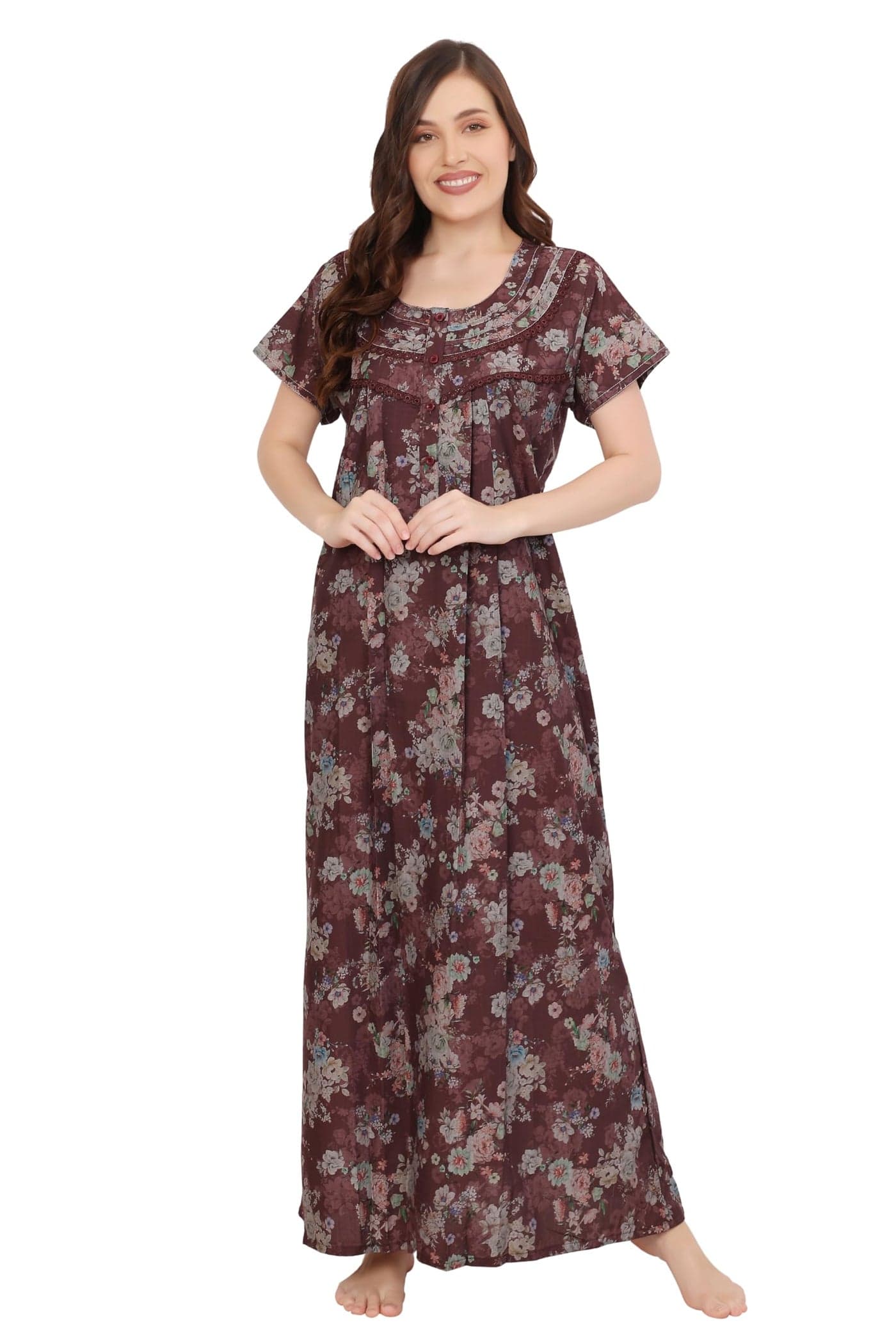 GLAMORAS Bizzy Lizzy Cotton Nighty Gown with Side Pocket for Women | Regular, Printed & Full Length Maxi Night Gown | Night Wear Nighties for Women | Floral-058 XL