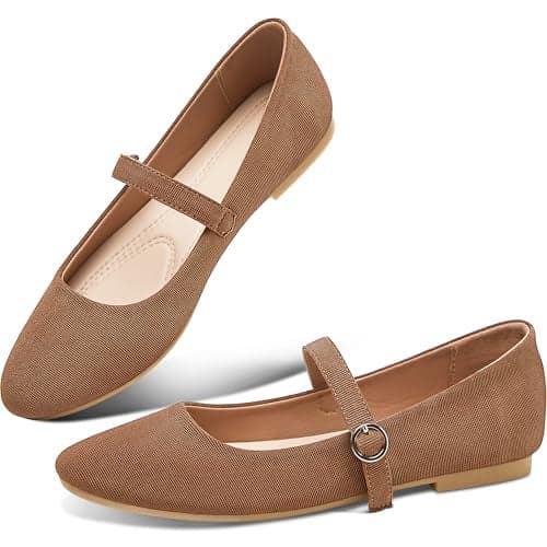 Obtaom Mary Jane Flat Shoes Round Toe Ballet Flats for Women Dressy Fabric Business Flats Comfortable Classic Strap Flats for Office(Brown,US7)