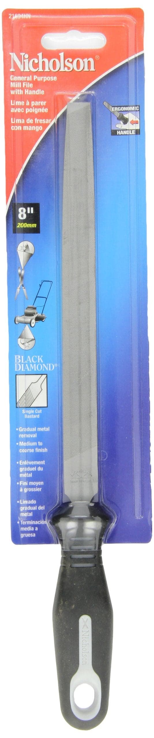 Nicholson 8 Mill Single Cut Bastard File with Ergonomic Handle 21694HNN