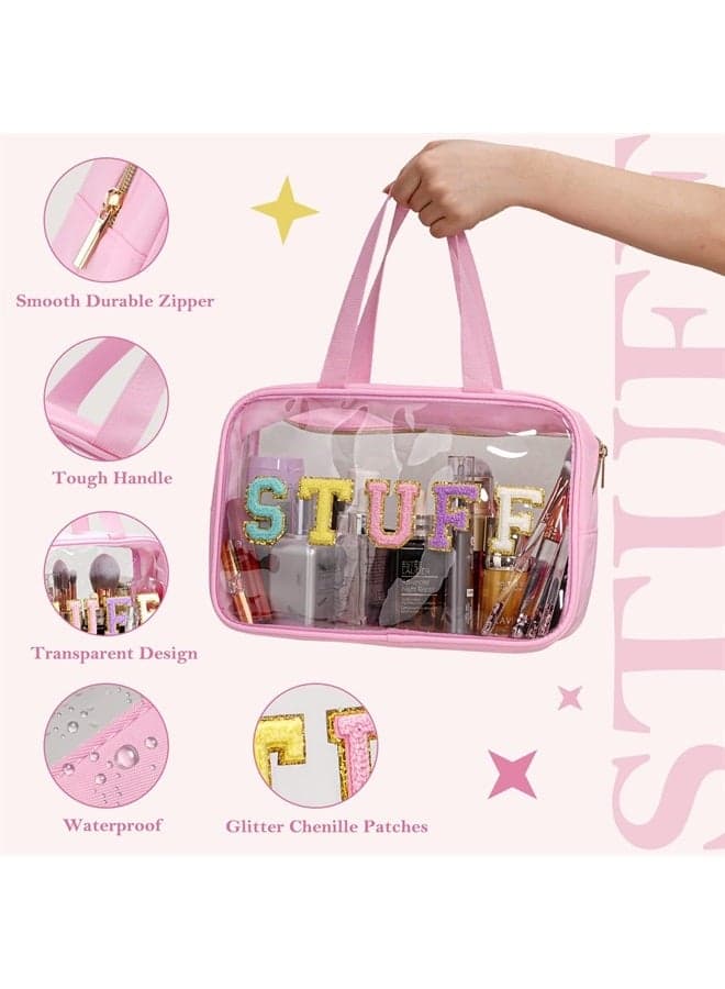 Large Clear Makeup Cosmetic Travel Toiletry Organizer Bag Beach Tote Bag with Handle, Transparent Waterproof Zipper Chenille Letter Preppy Bag for Women Girls