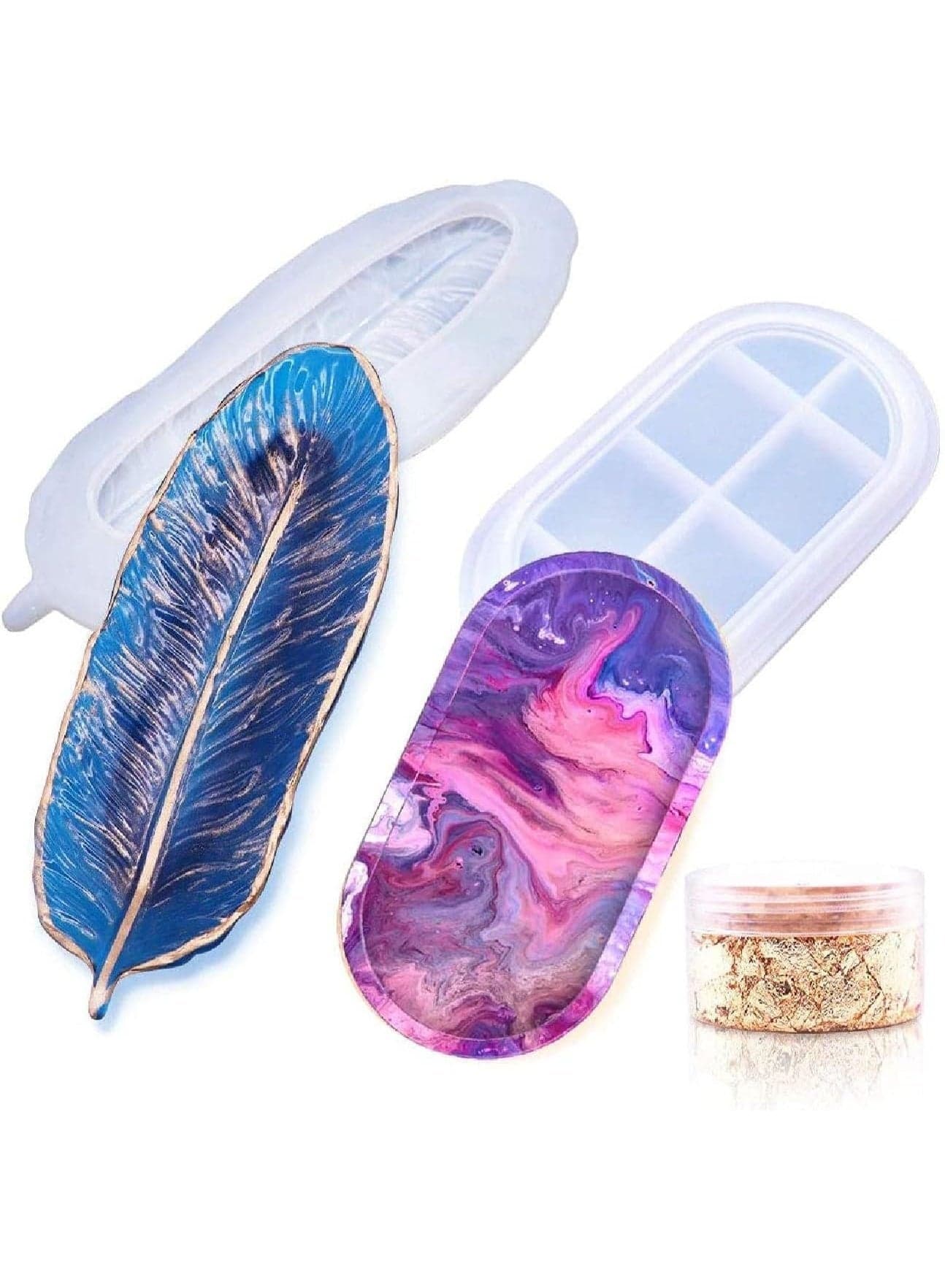 2 PCS Resin Molds, Feather Jewelry Soap Dish Silicone Casting Tray Molds with Gold Leaf for DIY Craft Tray, Ring Holders,Candle, Home Decoration
