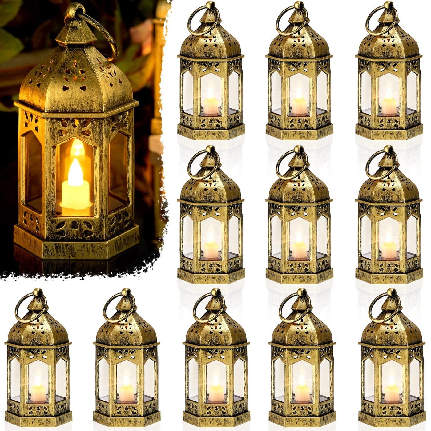 12 Pieces Mini Lanterns with Flickering LED Candle Batteries Included Decorative Hanging Candle Lantern for Indoor Use Wedding Party Table Centerpiece Gold