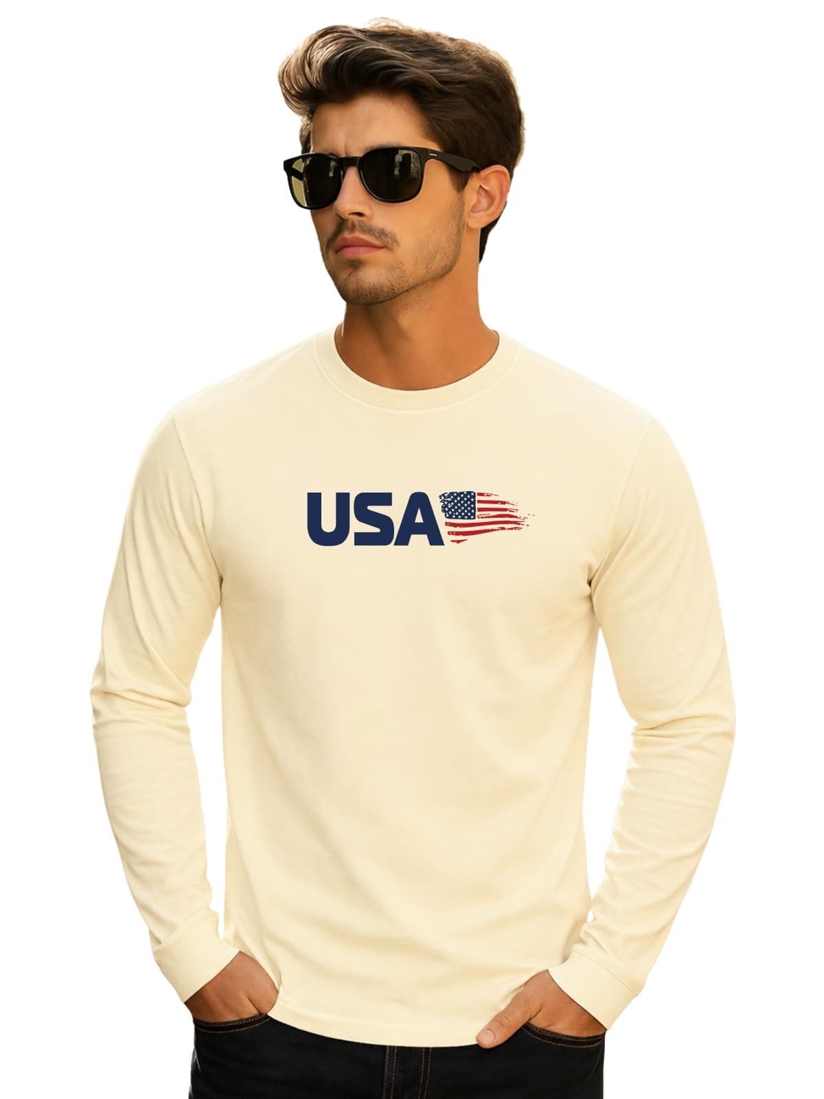 Veirdo® Men’s Pure Cotton Regular Fit Round Neck Full Sleeve T-Shirt with Front Chest Print Comfortable Casual Wear (VD_FS_USA_SW_L)