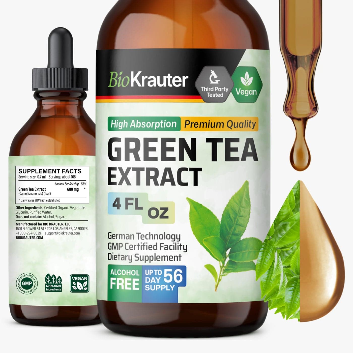 BIO KRAUTER Green Tea Extract Liquid Drops Green Tea Supplements Antioxidant Source Alcohol and Sugar Free 4 FlOz