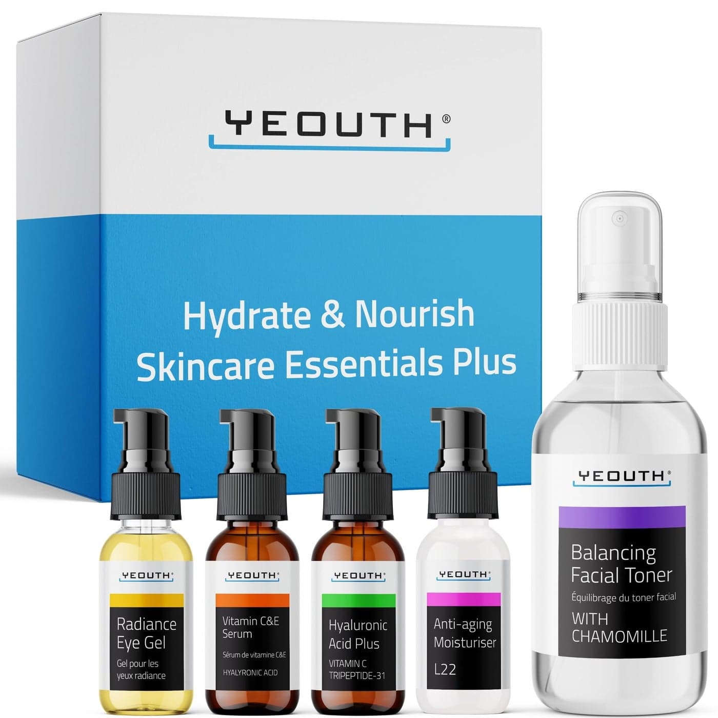 YEOUTH Skin Care Set Hyaluronic Acid Serum for Face Vitamin C Serum Facial Toner Under Eye Gel Face Cream Skin Care Kit for Women Men 5Piece