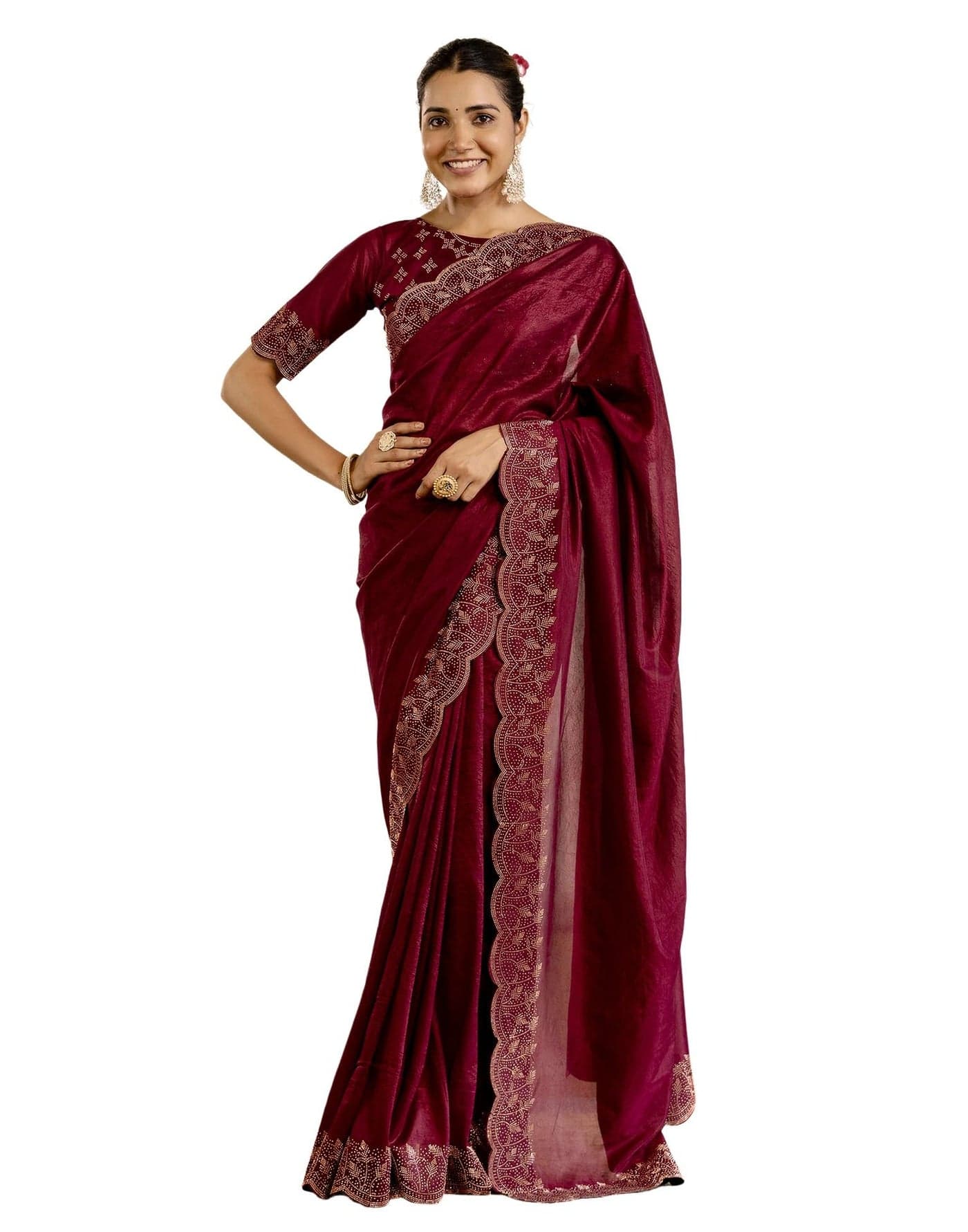 SIRIL Women's Tissue Crush Stone Work and Scalloped Border Saree with Unstitched blouse (4631S784_Maroon)