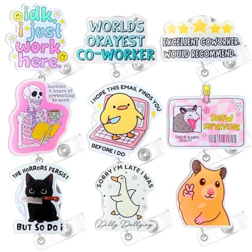 9PC Funny Work Badge Reels Cute Goose Duck Cat Sarcastic Workplace Humor Hilarious Burnout Memes ID Name Holder Retractable Clip Medical Office Accessories Essentials for Nursing Student Coworkers