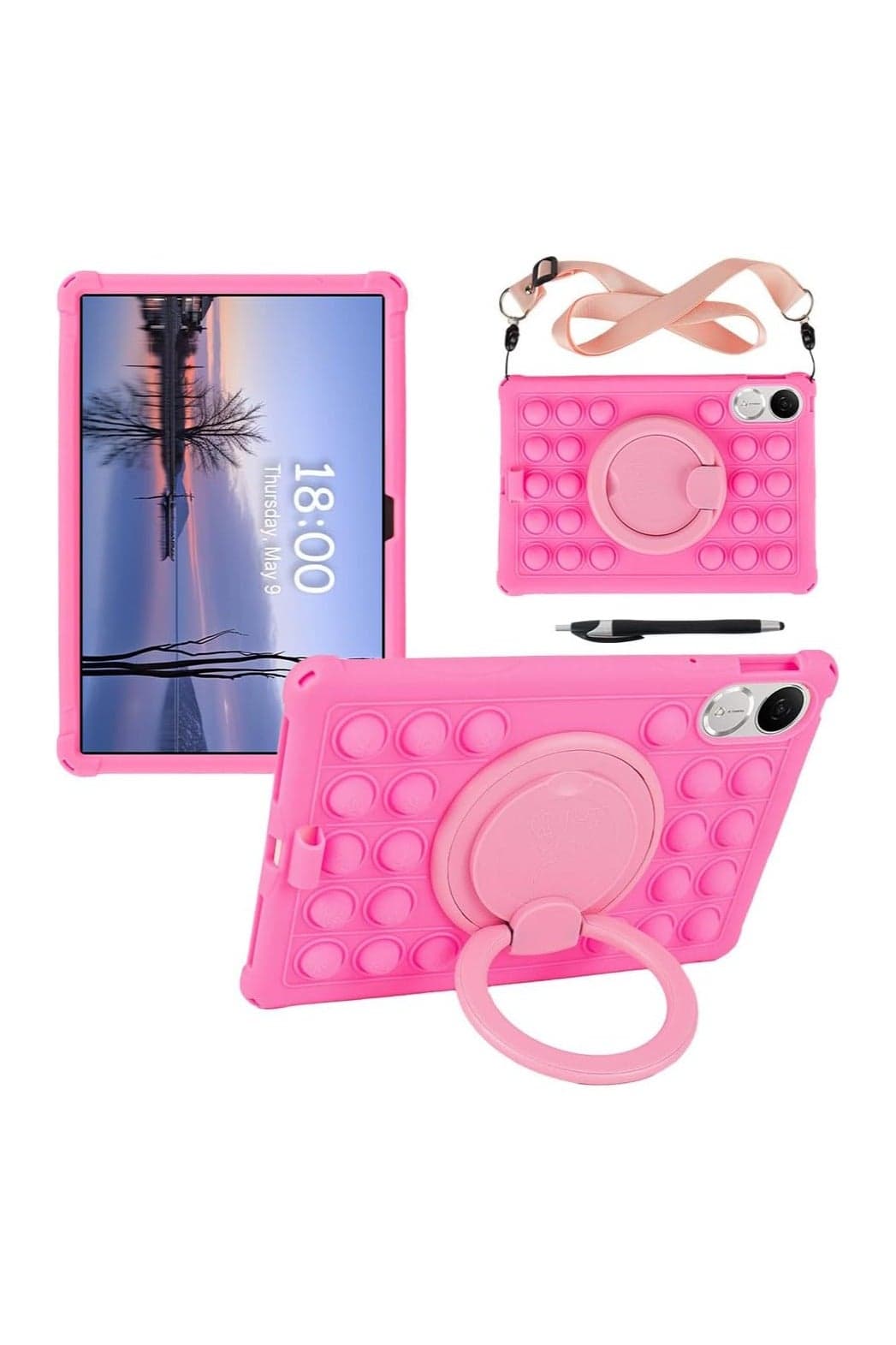 Case Compatible with Honor Pad V9 11.5 inch (ROL-W00/W10) 2025 Kids Soft Silicon 360 Rotating Ring Stand Cover with Should Strap and Pen (Pink)