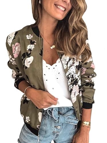 ECOWISH Women's Casual Floral Zip Up Bomber Jacket Coat Lightweight Short Camo No Lining Outwear Tops Windbreaker with Pocket 333Army Green Medium