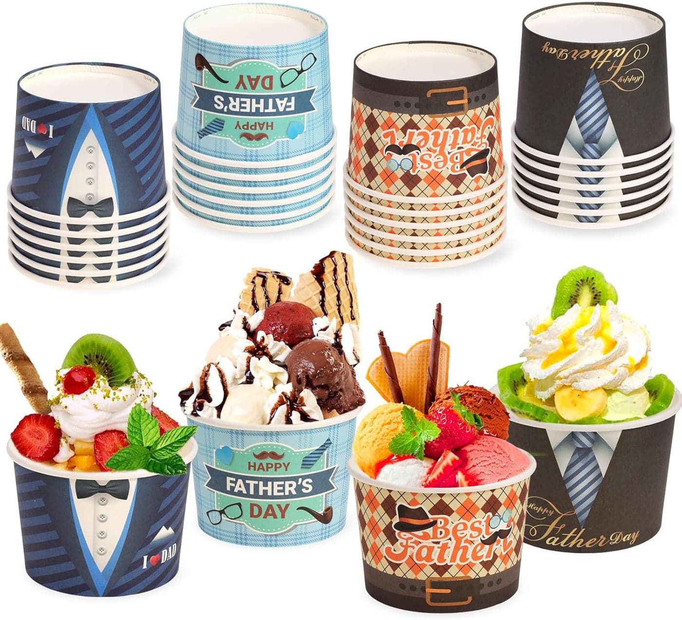 HOWAF 24pcs Fathers Day Party Treat Snack Cups Best Dad Paper Cup Dessert Ice Cream Bowls for Fathers Day Party Supplies Best Father Suit Ice Cream Cups Feliz Dia Del Padre Desserts Bowls