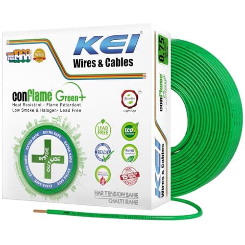 KEI CONFLAME GREEN PLUS 0.75 sqmm 1 Core Copper Heat Resistant Flame Retardant Low Smoke & Halogen - Lead Free House Wire for Domestic & Industrial Electrical Wiring (Green, 90 Meters)