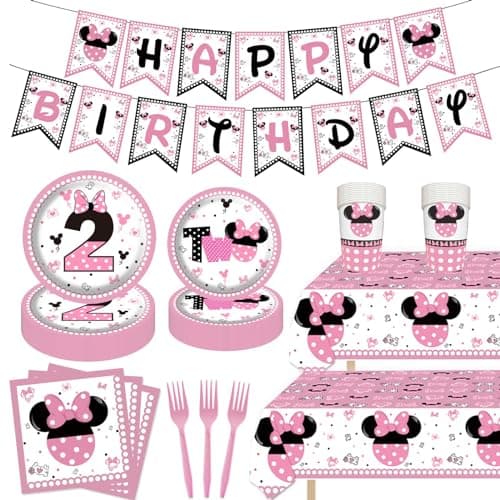103Pcs Oh Twodles Pink Second Birthday Banner 2nd Party Plates Supplies Tablecloth Decorations for Girl Baby Bday