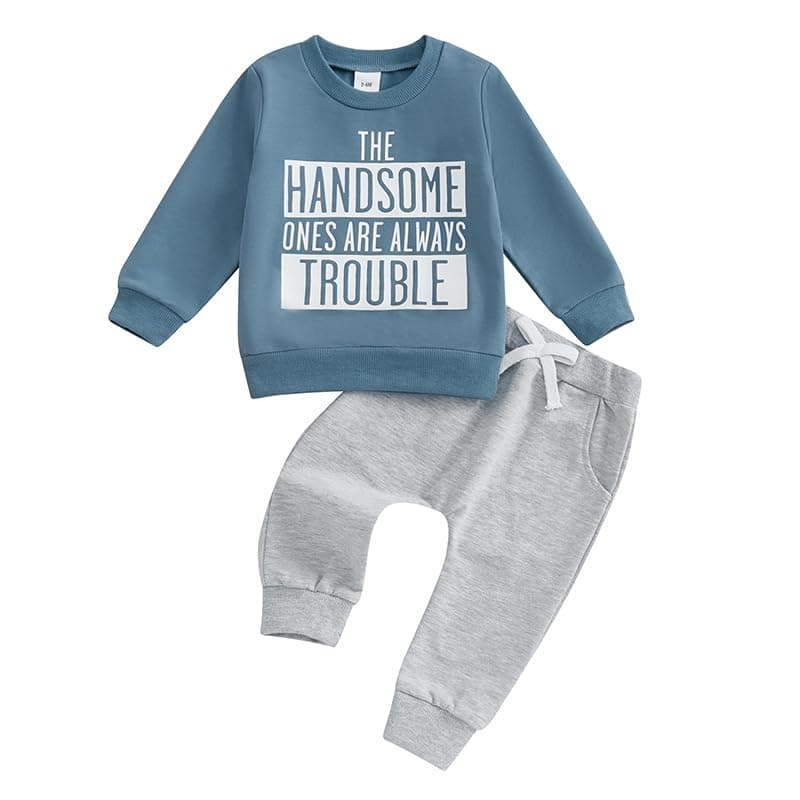 Baby Boy Fall Clothes Set Long Sleeve Letter Print Sweatshirt Pants Toddler Infant Outfits 6 12 18 24 Months 2T (The Handsome Ones Are Always Trouble, 18-24 Months)