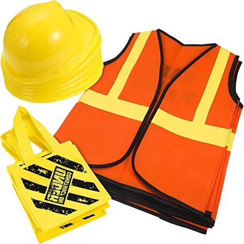 SATINIOR 24 Pcs Construction Dress up Supplies Kids Costume Including Tote Bag Vest Construction Hat for Kids Age 38Yellow Orange