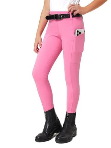 FitsT4 Sports Girls Riding Pants Full Seat Kids Equestrian Breeches Stretchy Youth Horse Schooling Tights Zipper Pockets Pink M
