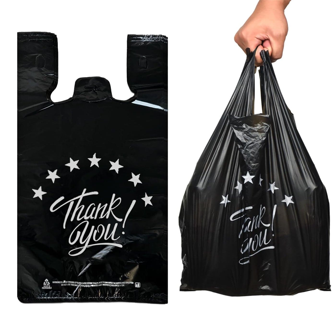 YoYoRain Black Thank you T shirt bag Grocery shopping bag Reusable and Disposable Supermarket Bag 11x6x21 200PCS