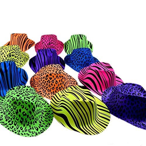 Novelty Place Neon Animal Print Plastic Party Hats, Fedora with Gangster Mafia Style, UV Blacklight Glow Party Stars Rave Hats for Kids and Teens in Birthday, Concerts, Music Party(Pack of 24)