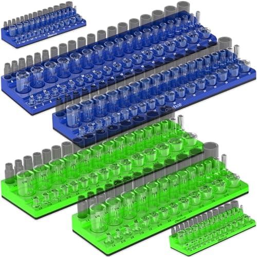Olsa Tools Magnetic Socket Organizer - 1/4", 3/8" & 1/2-Inch Drive Metric & SAE Socket Holder 6pc Set - Professional Tool Holder & Organizer - Stores 273 Sockets - Green - Part: 1668
