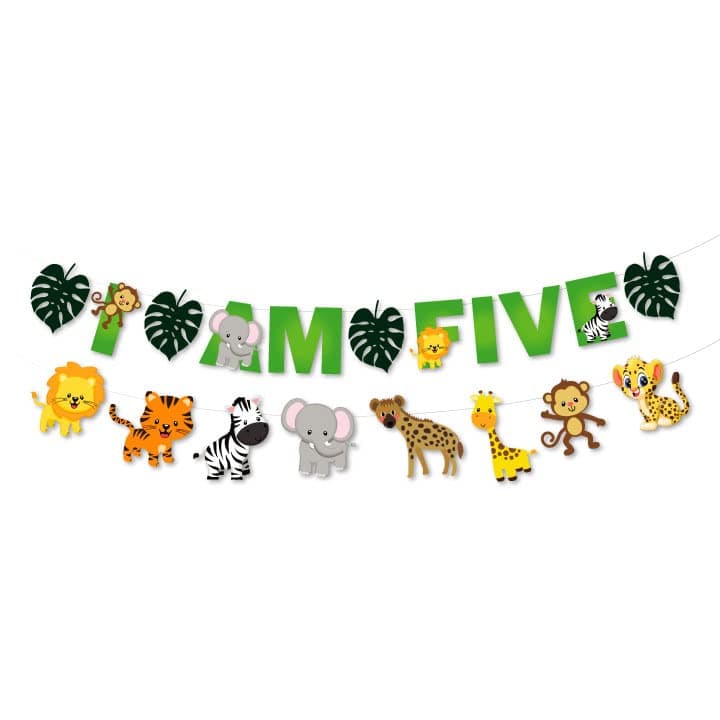 Festiko® 1 Pc I Am Five Jungle Theme Banner, Jungle Theme 5th Birthday Supplies, Jungle Theme I Am Five Decoration, Jungle Safari Party Supplies