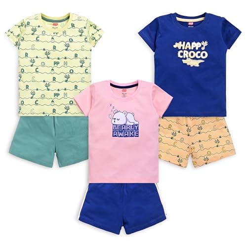 Luvlap Boys 100% Cotton Printed Regular Fit Half Sleeves T-Shirts and & Shorts Sets Pack Of 3, Pink Rose, Navy & Lime Green, L (6 to 12 Months)