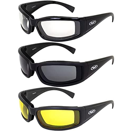 Global Vision StrayCat Motorcycle Riding Glasses Sunglasses Anti-Fog 3-Pack Smoke Clear Yellow Lens for Day and Night Foam Padded UV Protection