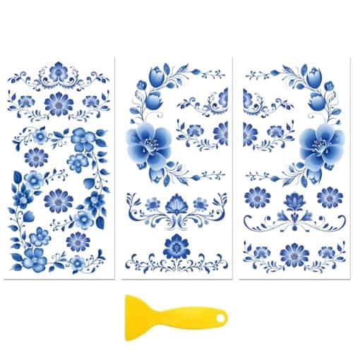 Peacoblue Rub on Transfer Decal Sticker for Furniture Craft Decor 6x12 Blue and White Corners 3Pcs Waterproof UV DTF Transfer for Drawer Dresser Glass Porcelain Wood Plastic Window