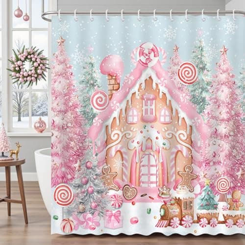 Mocsicka Christmas Gingerbread House Shower Curtain Pink Winter Christmas Cute Gingerbread Bathroom Shower Curtain Waterproof Fabric Shower Curtains Bathtub Decor with 12 Hooks 72 X 72 Inch (Blue Sky)