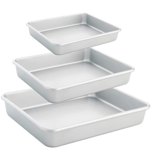 Barlket Deep Baking Pans Set of 3, Rectangle Cake Pan Nonstick, Heavy Duty Thick Bakeware Lasagna Pan for Toaster Oven, 9/11/13 Inch Tray for Brownie, Siliver