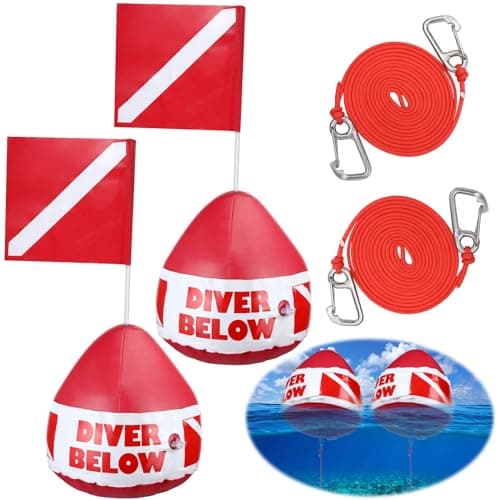 Maitys Heavy Duty PVC Dive Flag Float Freediving Rope Set Inflatable Signal Floater with Dive Flag Freediving Lanyard Leash for Snorkeling Water Sport Signaling Swimming Boating Fishing 1 Set