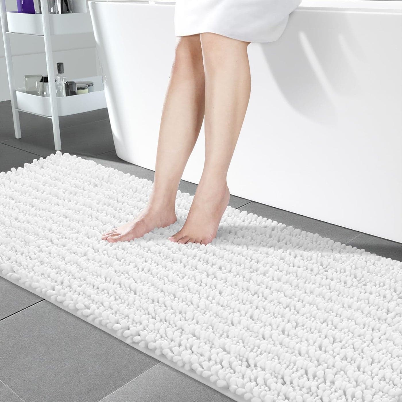 Yimobra Bathroom Runner Rug 70x24 Inch Extra Long Non Slip Chenille Bath Mat Soft Absorbent Machine Washable Shaggy Hallway Carpet for Vanity Tub Shower White Home Decor Accessories