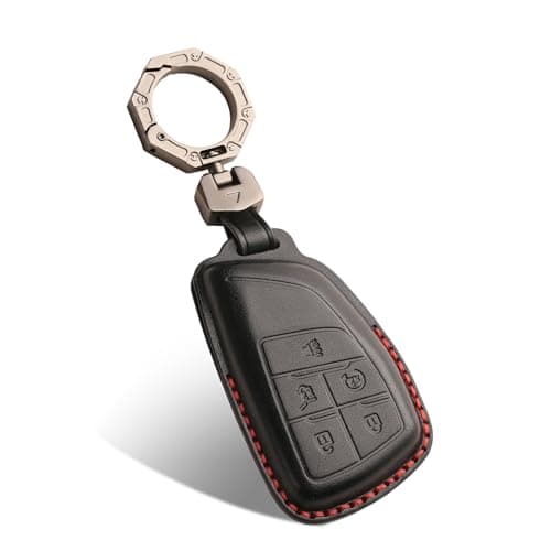 QBUC for Chevy Genuine Leather Key Fob Cover, Smart Key Holder Sleeve Fit for Chevy 2025 2024-2021 Tahoe Suburban GMC Yukon GM Buick, Silverado Sierra 2500HD 3500HD (Black, 5 Buttons)