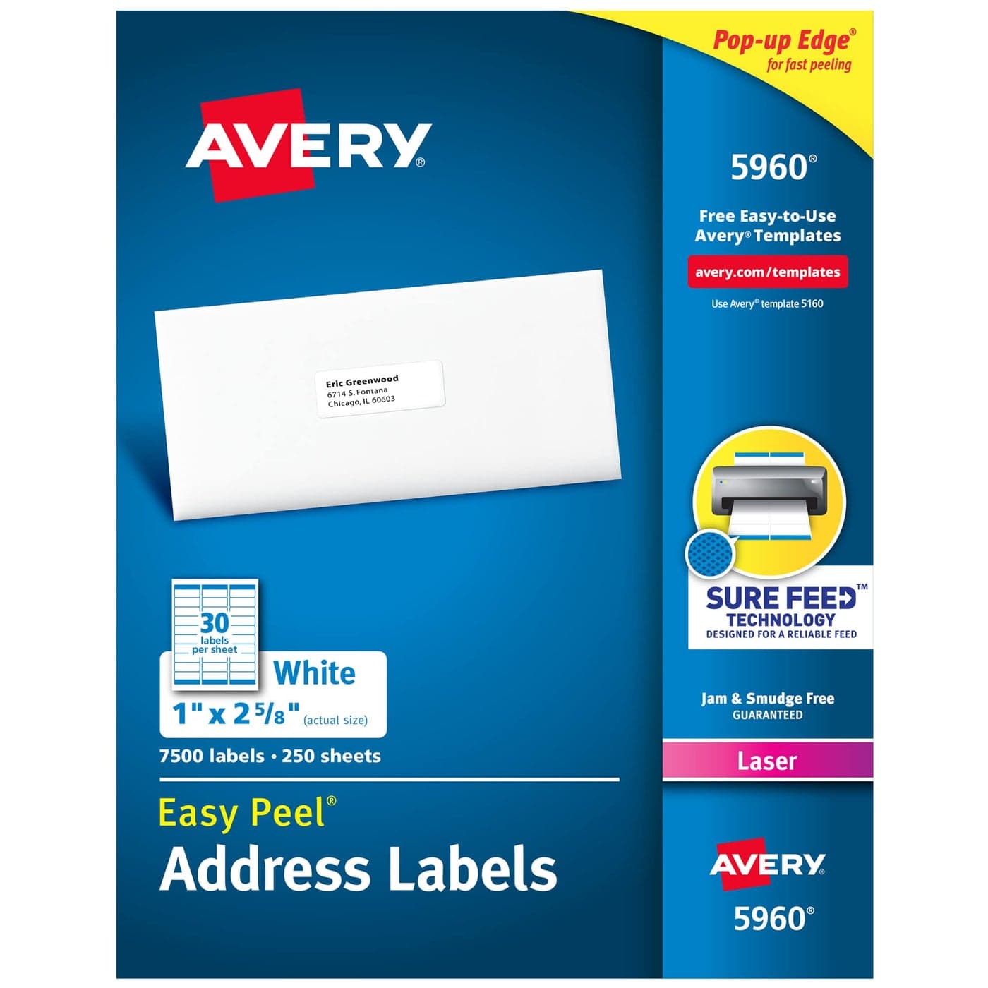 Avery Easy Peel Printable Address Labels with Sure Feed, 1" x 2-5/8", White, 7,500 Blank Mailing Labels (05960)
